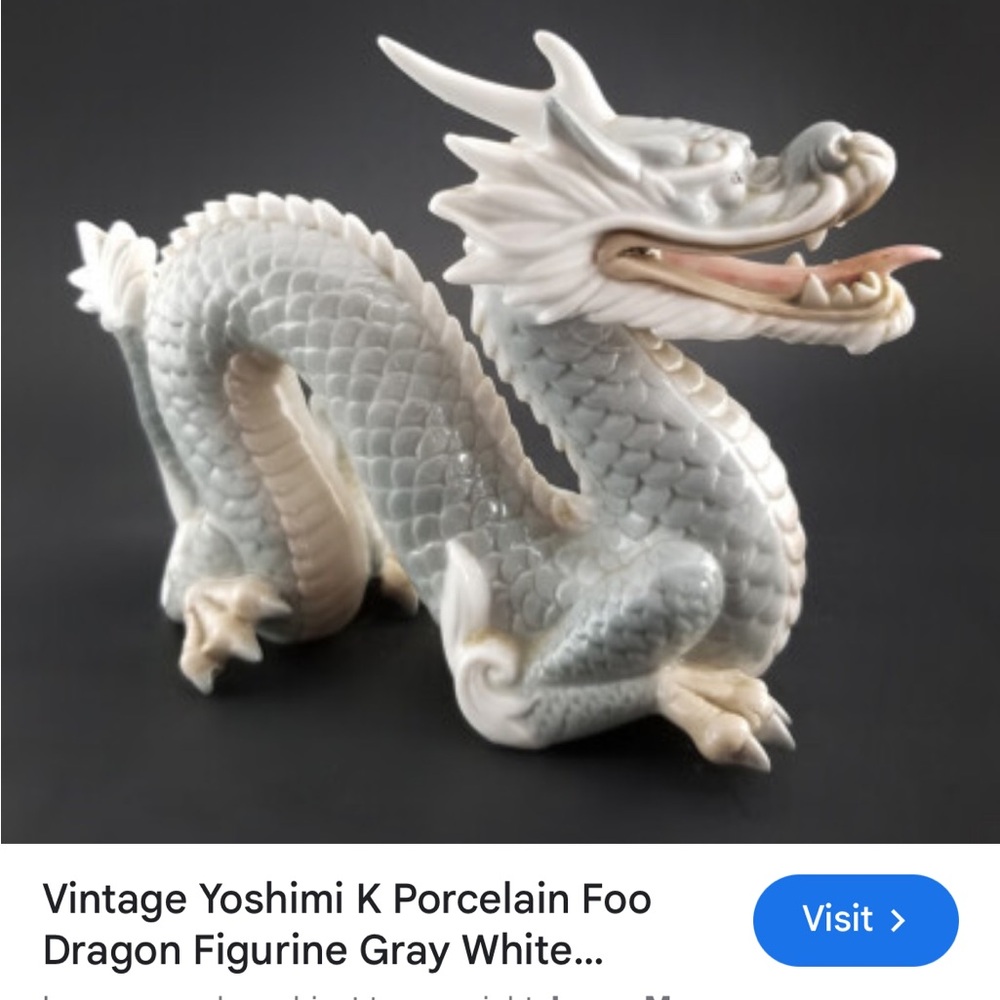 Vintage Porcelain Foo Dragon Figurine - Gray and White w/Pink Tongue Japanese